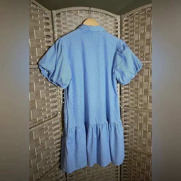 J. Crew Striped Bubble-Sleeve Button-Front Shirt Dress - Size 14 - Picture 10 of 14